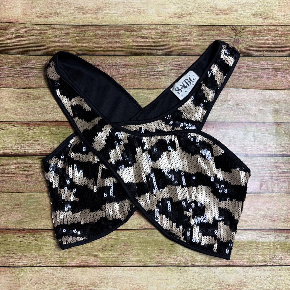 Sequin Zebra Animal Print Criss Cross Halter Crop Top Black Gold XS by Sabo